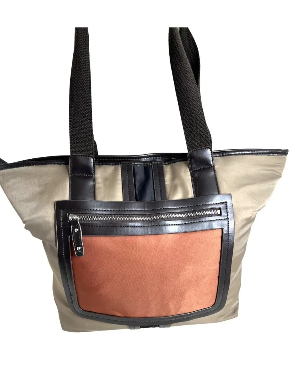 Sandra Roberts Large Tote Bag With Brown Handles & Front Zipper Pocket